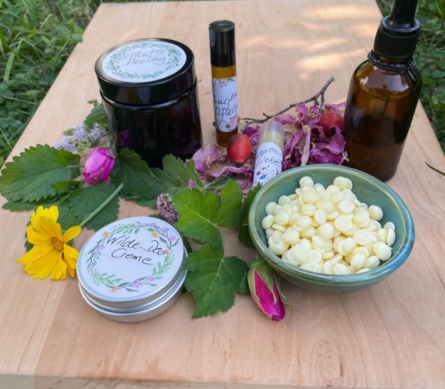 Verschiedene Fläschchen und Ampullen mit Wildkräuter Kosmetik auf grüner Wiese