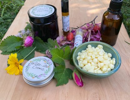 Verschiedene Fläschchen und Ampullen mit Wildkräuter Kosmetik auf grüner Wiese